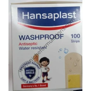 Hansaplast Washproof Medicated Dressing (100 strips) is a breathable, water‑resistant bandage kit featuring strong adhesive and antiseptic pad (benzalkonium chloride). Each individually wrapped strip measures ~70 × 19 mm, stays secure during washing or swimming, protects from water, dirt, and bacteria, and supports faster, comfortable wound healing. Sources