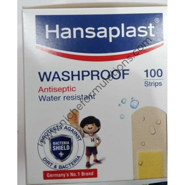 Hansaplast Washproof Medicated Dressing (100 strips) is a breathable, water‑resistant bandage kit featuring strong adhesive and antiseptic pad (benzalkonium chloride). Each individually wrapped strip measures ~70 × 19 mm, stays secure during washing or swimming, protects from water, dirt, and bacteria, and supports faster, comfortable wound healing. Sources